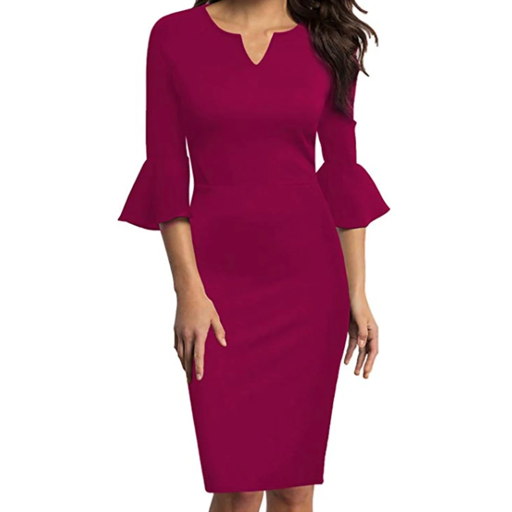 Women Dress Y-neck Daily High Waist Work Elegant Package Hip Shopping Knee Length Midi Solid Travel Three Quarter Sleeve