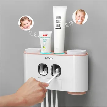 

Toothpaste Dispenser Automatic Dust Proof Toothbrush Holder With 4 Cups Organizer Shelf Bathroom Accessories Set