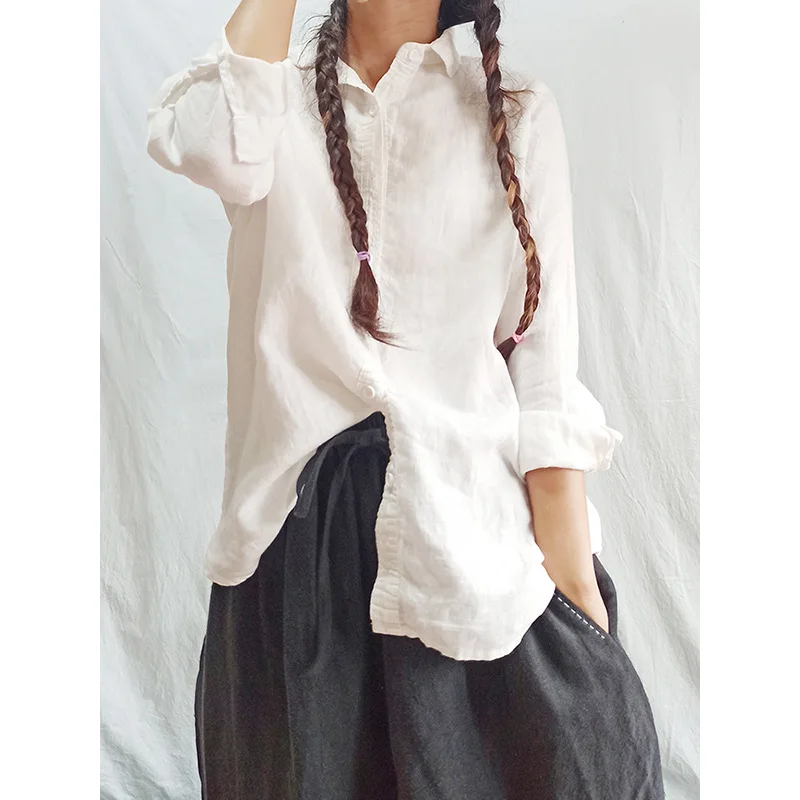 Женская однотонная льняная блузка на весну и осень винтажная Свободная рубашка