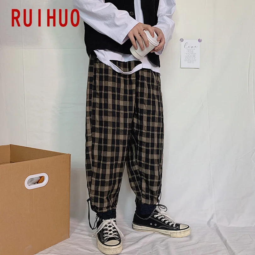 RUIHUO свободные штаны в клетку Для мужчин японский уличная гарем Штаны, мужские брюки джоггеры Для мужчин Штаны в стиле «хип-хоп» впитывает пот и Штаны 5XL ; сезон осень