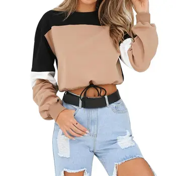 

Casual Patchwork O Neck Elastic Waist Pullovers Streetwear Autumn Hot Women Hoodies Long Sleeve Loose Crop Top Sweatshirt
