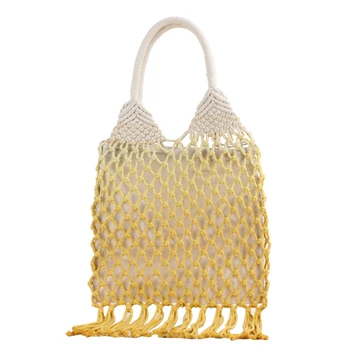 

Handmade Cotton Woven Womens Handbags and Purses Hollow Rope Tassel Beach Female Net Straw Tote Evening Clutch Bags