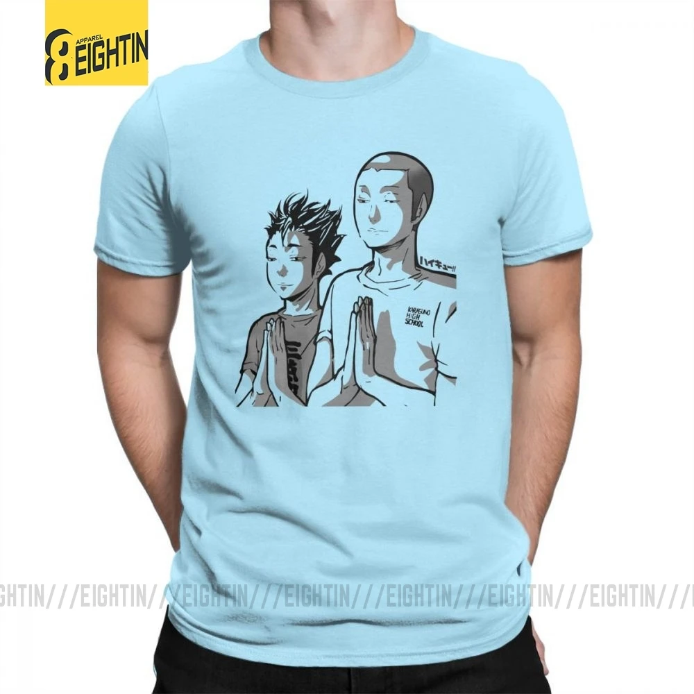 Haikyu, футболки, тананоя, Молящиеся футболки, короткий рукав, вырез лодочкой, Мужская простая комическая футболка, очищенный хлопок, высокое качество, большая - Цвет: Небесно-голубой