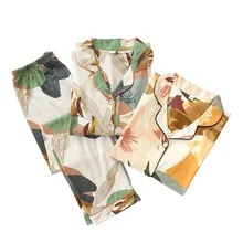 Женская одежда для сна с длинным рукавом; сезон осень; хлопок; трикотажный пижамный комплект с отложным воротником; пижамы с принтом листьев; домашняя одежда; одежда для сна