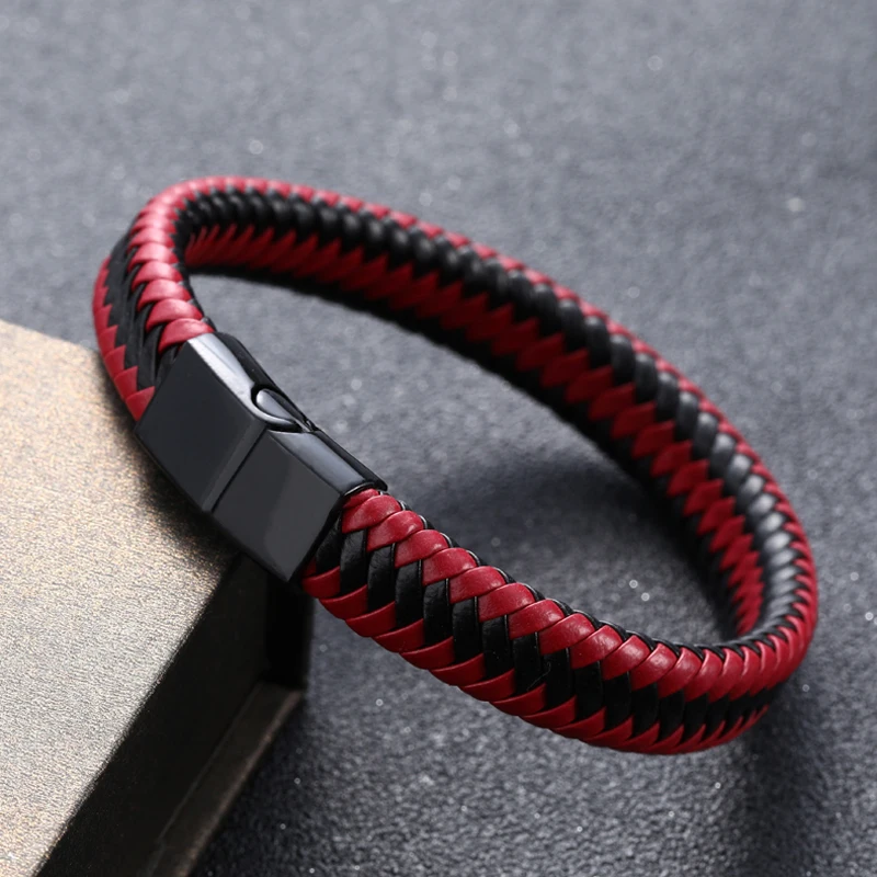 2019New Men Jewelry Punk Black Blue Braided Leather Bracelet for Men Fashion Bangles GiftsStainless Steel Magnetic Clasp - Окраска металла: Black Red