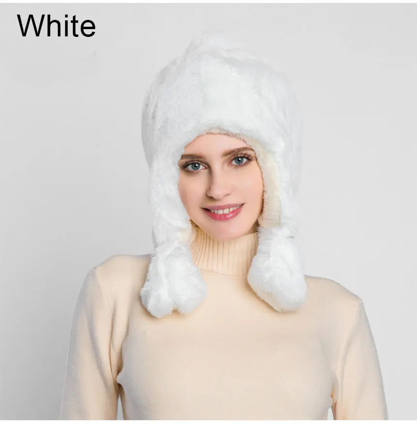 White Модная розовая Зимняя шапка с кроличьим мехом, женская шапка с ушками для девочек, Теплая Лыжная Шапка охотника - Цвет: White