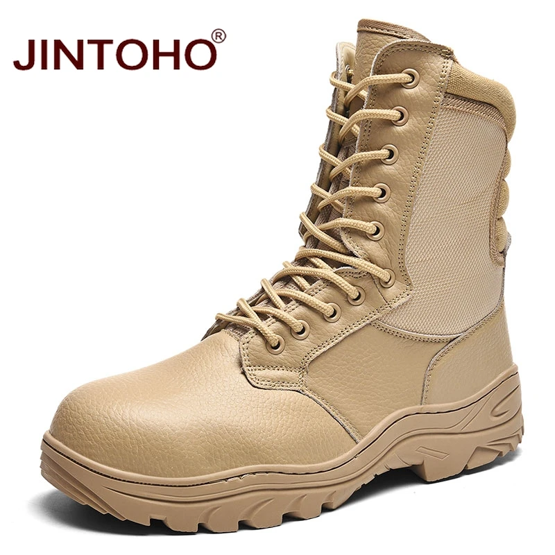JINTOHO/зимние мужские ботинки из натуральной кожи; рабочие ботинки до середины икры; зимняя обувь из натуральной кожи; мужские ботинки - Цвет: beige
