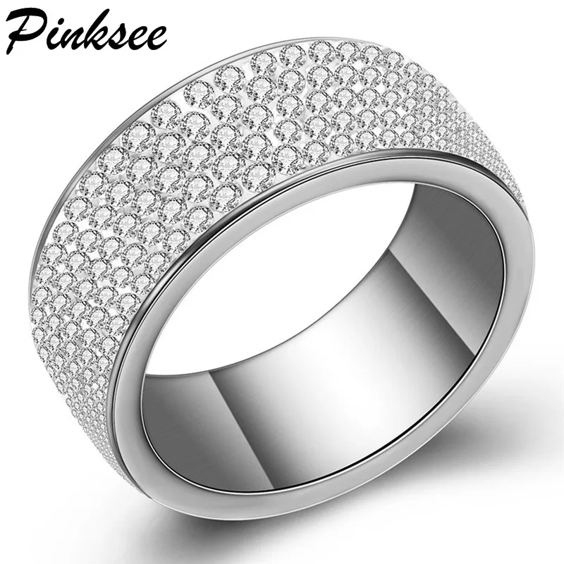 

Pinksee Fashion Charm Crystal Rings for Men Women Wide Silver Stainless Steel Black Zircon Ring Bride Wedding Jewelry