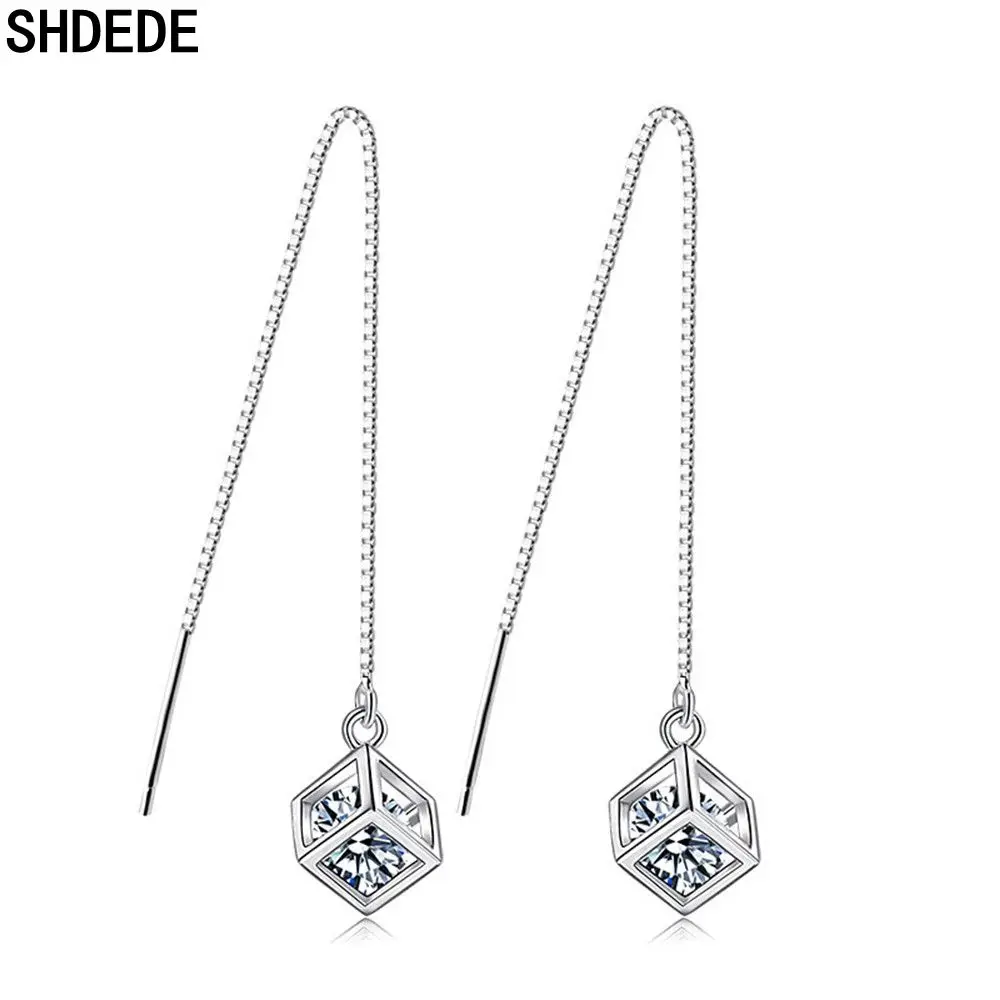 SHDEDE Long Chain Earing Jewellery Women 925 Silver Fashion Drop Earrings Embellished With Crystals From Swarovski Square -WH40