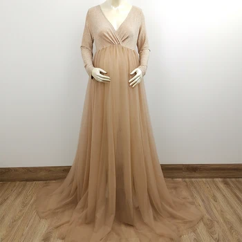 

Maternity Dress Long Sleeve Pregnant Maxi Tulle Gown Sexy V Neck Pregnancy Gown for Maternity Photo Shoot Baby Shower Dresses