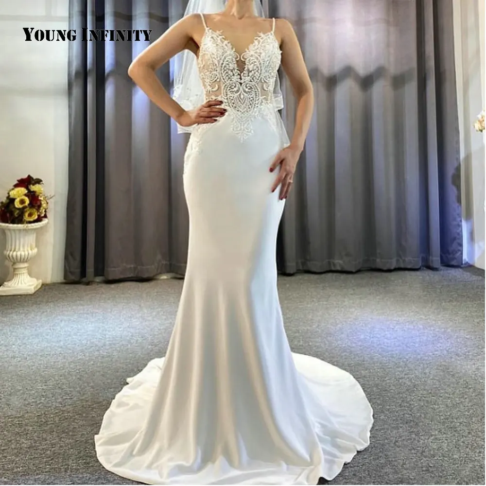 

Женское свадебное платье с квадратным вырезом, кружевное платье-Русалка на тонких бретельках, со шлейфом, длиной до пола и аппликацией, 2021