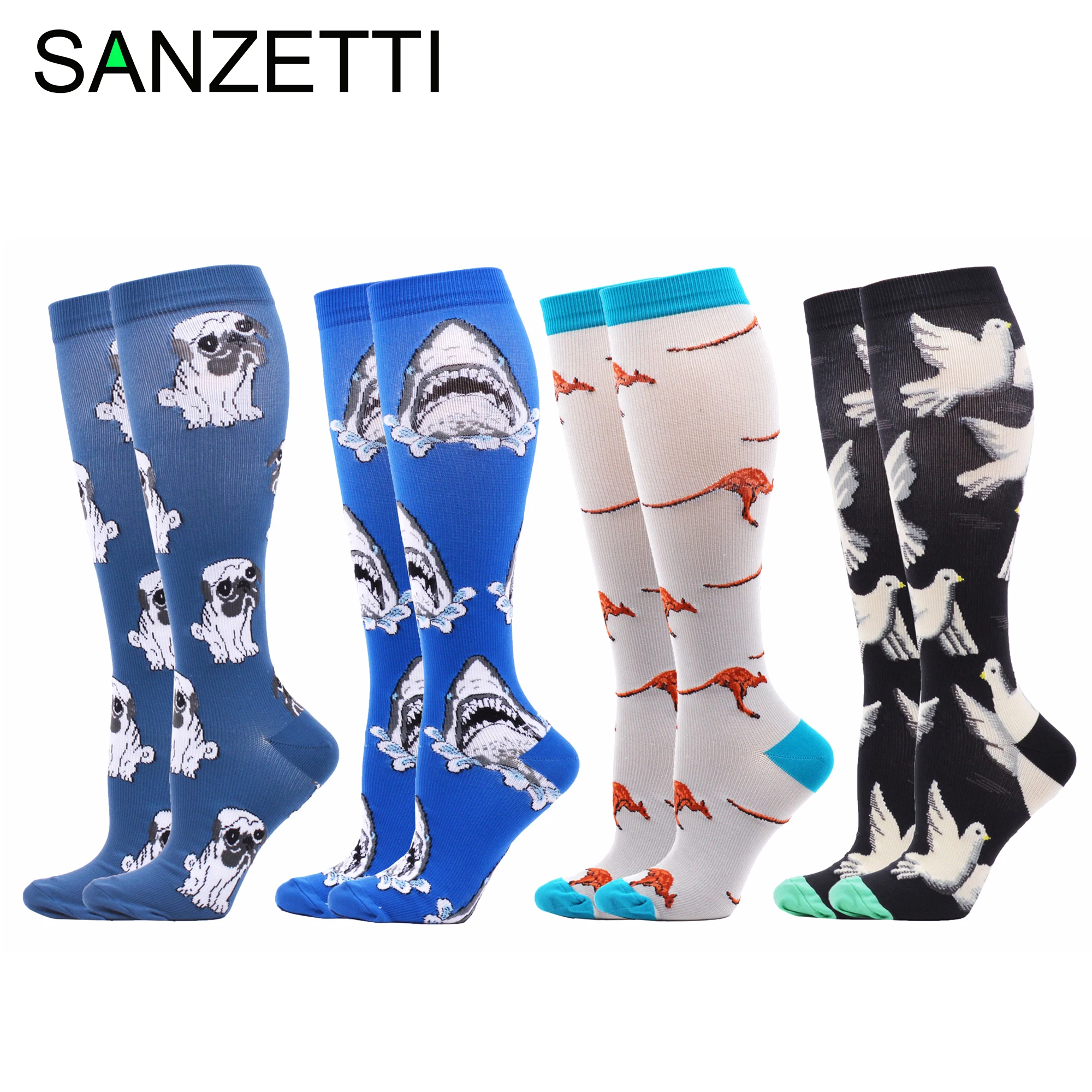 SANZETTI 4 Pairs Hot Women Shark Animal Striped Combed Cotton Compression Socks Below Knee Anti-Fatigue Long Colorful Gym | Женская