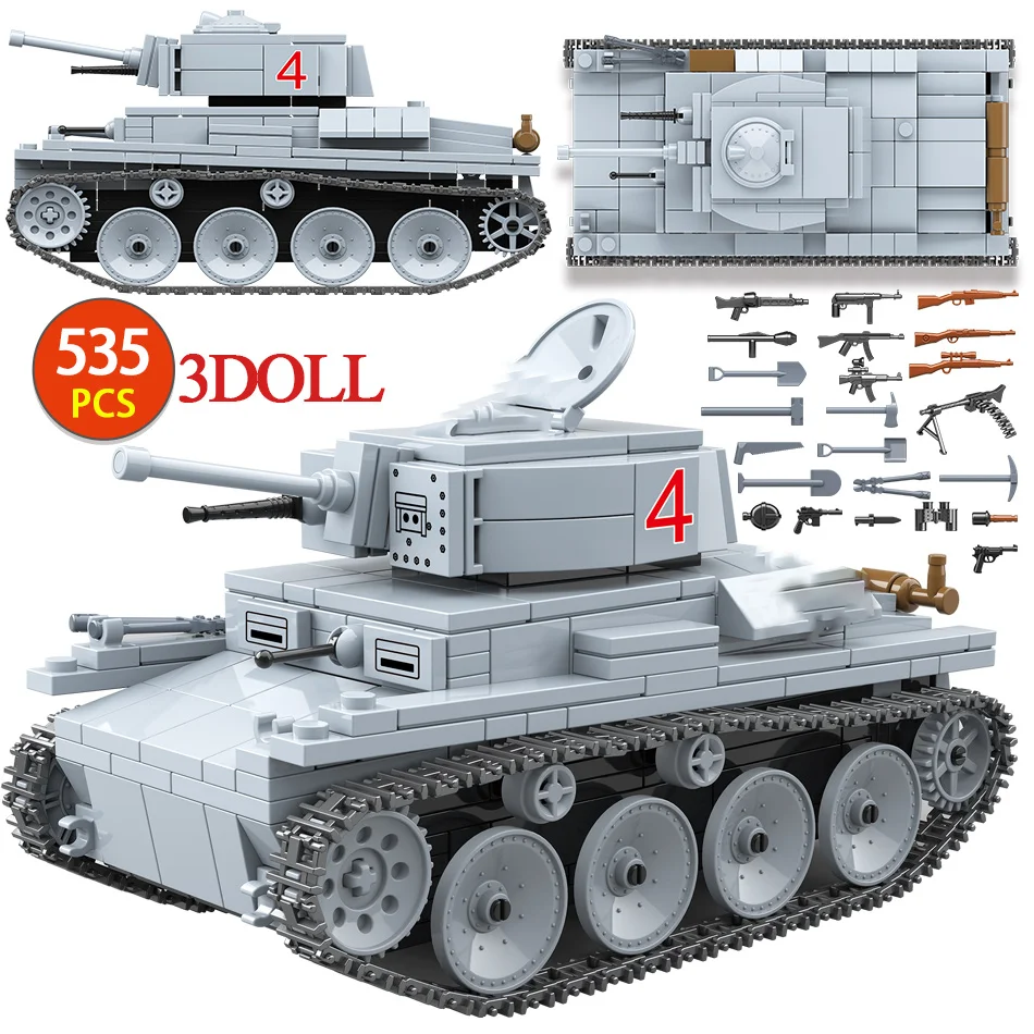 

535pcs Military LT-38 German Light Tank Soldier Weapon Building Blocks Technic WW2 police Tank Bricks Army Toys For Kids