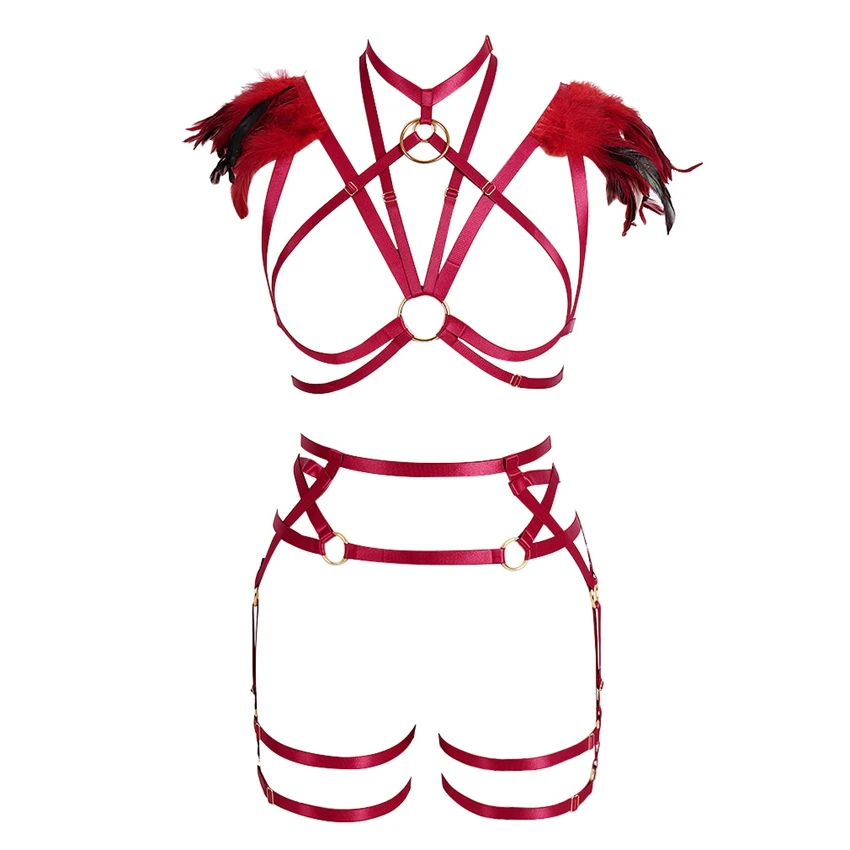 O0667MLCP0009WINERED Винно-красные перьевые эполеты Крылья Ангела Готический стимпанк фестиваль Свадьба Strappy настроить Полное Тело Сексуальное белье с ремешками набор - Цвет: O0667MLCP0009WINERED