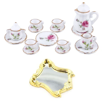 

2 Set Doll House Accessories: 1 Set 15Pcs Coffee Tea Cups Dishes & 1 Set European Frame Doll House Mirror