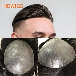Men's Capillary Prosthesis Full PU Thin Skin 0.04-0.06cm Hair System Unit Indian Human Hair Wig Wave Straight Man Toupee Brown