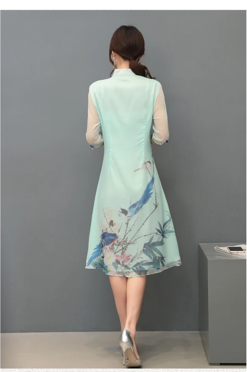 Летний Стиль китайский стиль имитация шелковой ткани средней длины Cheongsam шелк тутового шелкопряда Улучшенная художественная и художественная чайная серва