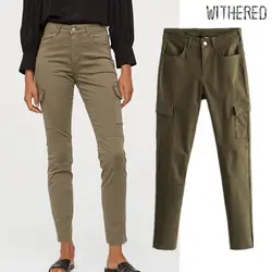 Увядшие Англия простой армейский зеленый стрейч сторона штаны карго с карманами Женские панталоны mujer pantalon femme брюки женские