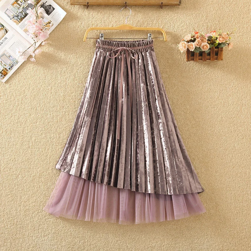 И Зимняя Корейская тонкая и милая сетчатая бархатная юбка средней длины со