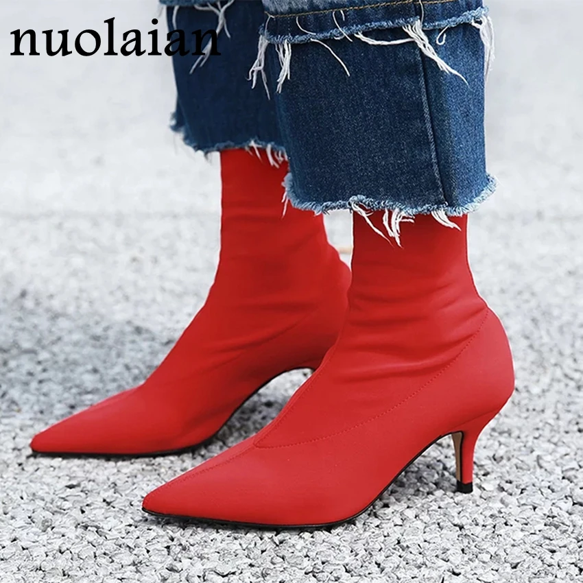 Женские ботильоны из эластичной ткани; женская обувь на высоком каблуке красного цвета в стиле панк; женская обувь без застежки; осенние ботинки; женские зимние ботинки; 6 см