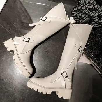 

Women Fashion Knee Winter High Block Med Heels Thick Platform Shoes Knight Buckle Genuine Leather Biker Riding Boots