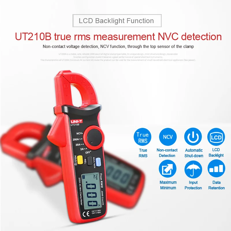 True RMS 200A AC мини Токоизмерительные клещи UNI-T UT210B UT210A Амперметр NCV тест профессиональный мультиметр цифровой ЖК-дисплей подсветка макс мин