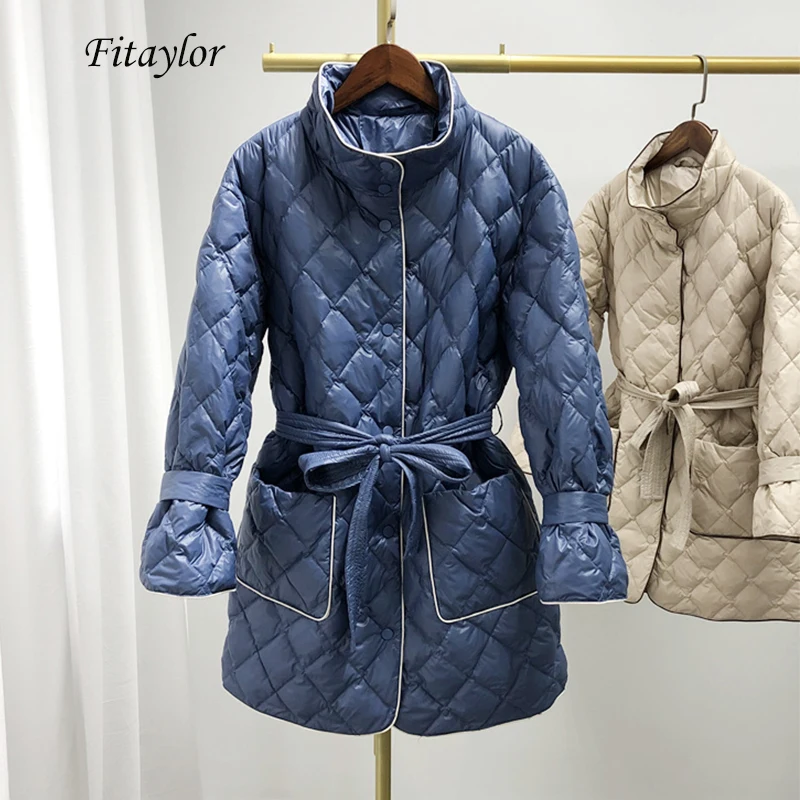 

Fitaylor Winter Ultra Light White Duck Down Parka Women Stand Collar Long Warm Down Jacket Single Breasted Sash Tie Up Outerwear