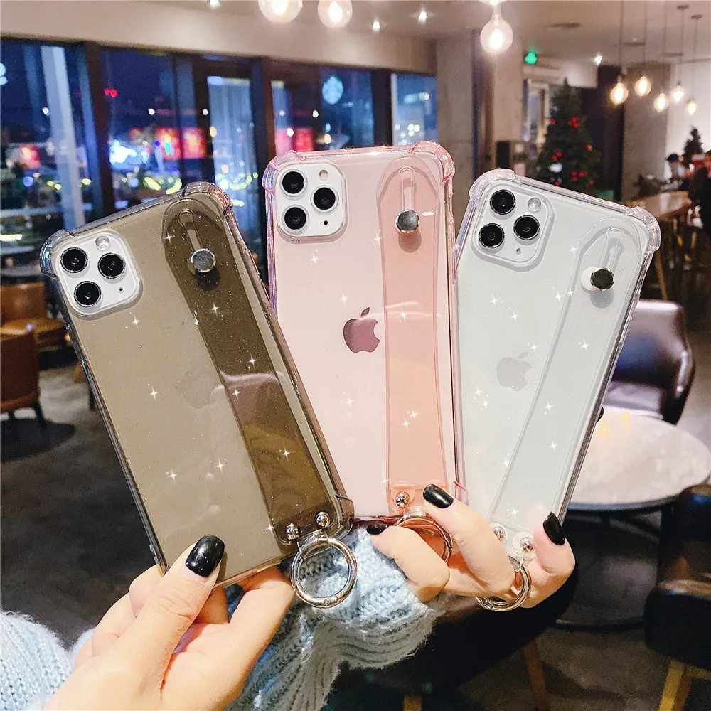 

Wrist Strap Glitter Phone Cases For iPhone 11 Pro X XS Max XR Transparent Finger Ring Cover For iPhone 7 8 6 6S Plus Soft Case