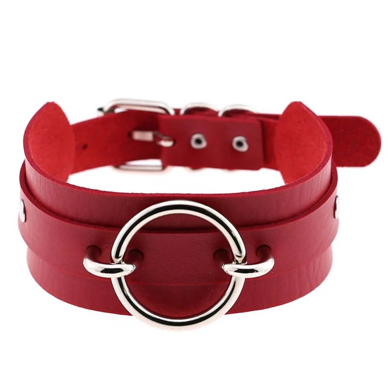 Кожаный круглый чокер, Воротник для женщин, Веганский кожаный чокер, ожерелье с регулируемой пряжкой, связывание, готическое модное ювелирное изделие - Окраска металла: Red