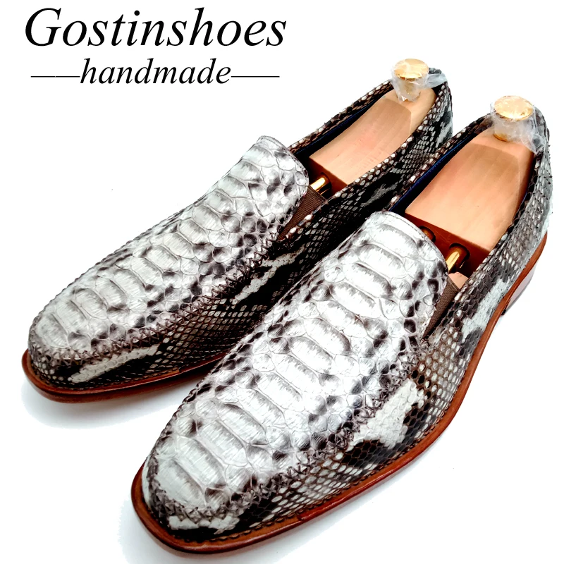 GOSTINSHOES/Мужские модельные туфли ручной работы Goodyear; Белые Официальные туфли из натуральной змеиной кожи; Роскошные туфли с круглым носком без застежки; GSTN27