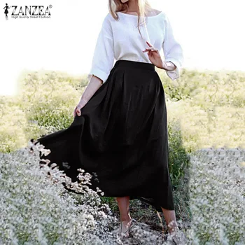 

ZANZEA Plus Size Women's Skirt Elegant Office Lady Work Jupe Casual Elastic Waist Pockets Cotton Skirts Female Solid Faldas 5XL