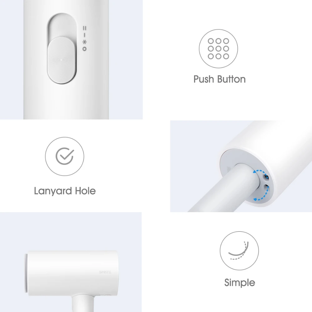 Xiaomi Smate фен 1800 Вт фен 3 шестерни отрицательные ионы двухслойный воздухозаборник сетка перегрев быстросохнущие инструменты для волос 220 В