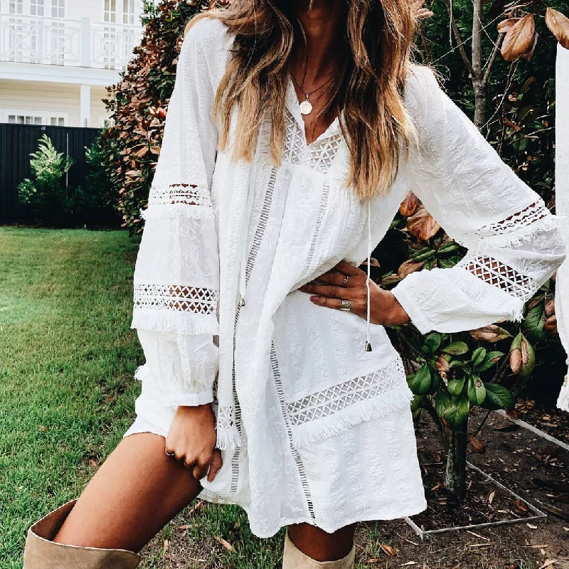 Caftan Coverups Sexy Hollow Out Summer Beach Dress White Cotton Tunic Women Plus Size Beach