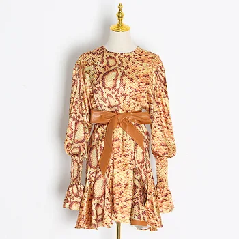 

CAMIA summer dress women snake-grain pattern vintage O-neck puff sleeve sexy Ruffle Casual elegant party dress for woman