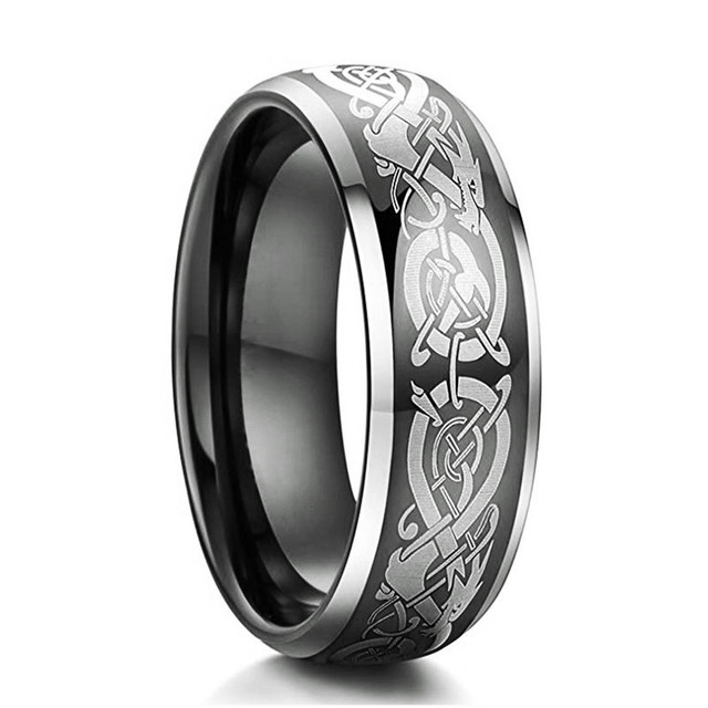 Gold Color Tungsten Wedding Band for Men Dragon Ring Green Blue Carbon Fiber Inlay Polish Finish Beveled Edges Comfort Fit