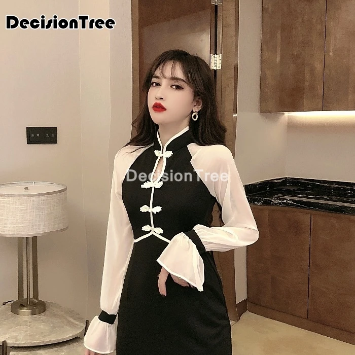 Женское китайское платье с высоким разрезом ажурное Ципао длинным рукавом