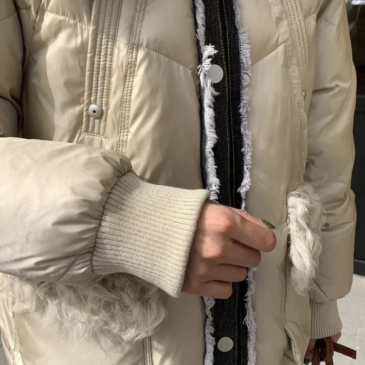 Пуховик, Новое поступление, модное поступление, натуральный шерстяной воротник, Женское пальто, зимняя джинсовая куртка в стиле пэчворк, толстые теплые пальто с большим карманом