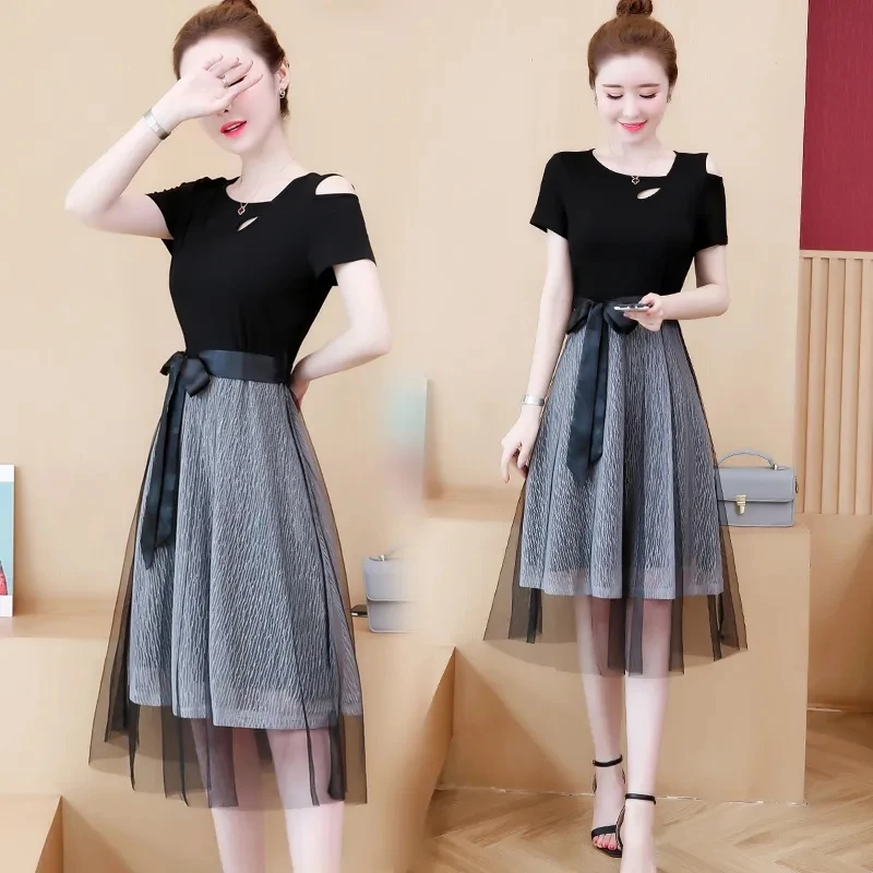 

Velvet/No Velvet Fat MM Women's Spring Autumn/Winter Fake Two A-Line Dresses Fashion 5XL Ladies Black Dress Elegant Mujer
