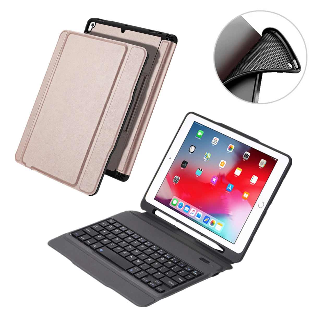TPUrosegold Чехол для iPad 6th 9,7 дюймов, съемная клавиатура с держателем для карандашей, подставка, кожаный чехол для iPad 9,7, чехол с клавиатурой A1893 A1954 - Цвет: TPUrosegold