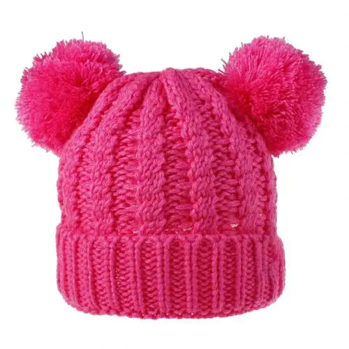 Милая детская шапочка для мальчиков и девочек, пушистая теплая зимняя Осенняя вязаная шапка - Цвет: Rose Red