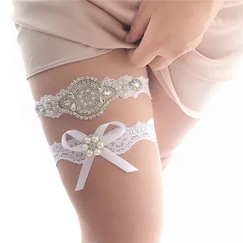 

Wedding Garter Rhinestone Embroidery Flower Beading White Sexy Garters For Women/Female/Bride Thigh Ring Bridal Leg Garte