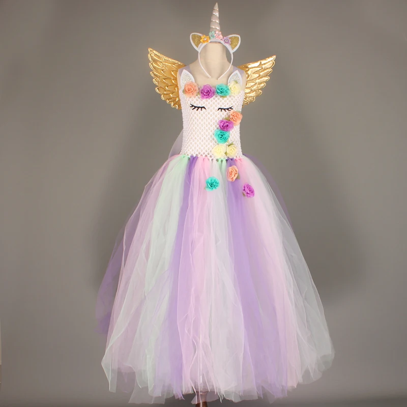 Girls Pastel Unicorn Flower Tutu Dress Princess Kids Pageant Party Tutu Dress with Headband wings Children Tulle Dress Ball Gown (8)