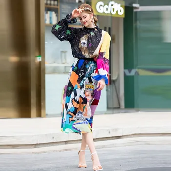 

Fashion Women Clothing Sets with Skirt Moon Star Print Women's Skirt Set 2020 Spring Summer Female Patterns Two Piece Outfits