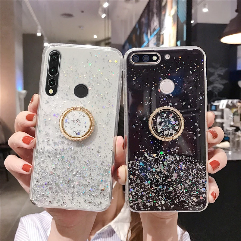 Блестящий чехол со звездным кольцом подставкой для телефона Huawei Y6 Y7 Pro Y5 Y9 Prime 2017