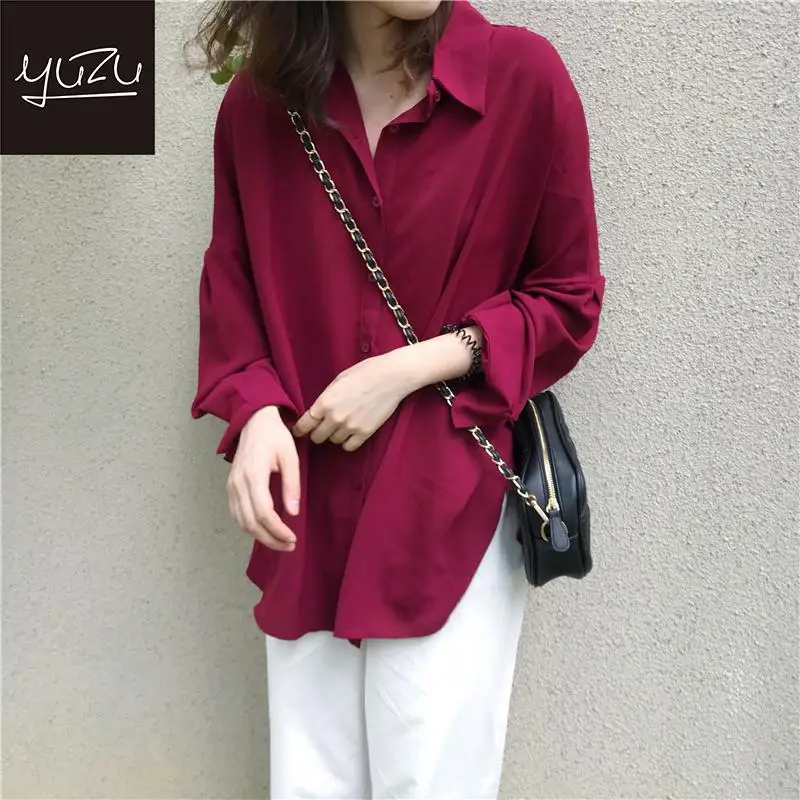 

Chiffon Burgundy Red Tops And Blouses Womens Work Elegant Long Bat Sleeve Turn-down Collar Single Breasted Casual Shirts