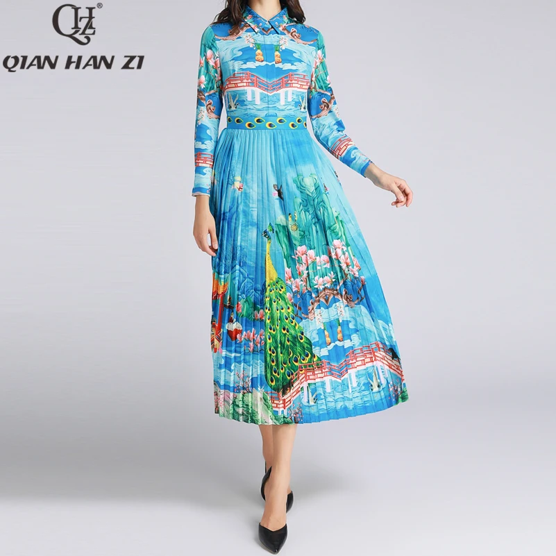 

Qian Han Zi 2020 spring runway Maxi dress Women's long sleeves Pattern printed elegant slim pleated casual long beach dress