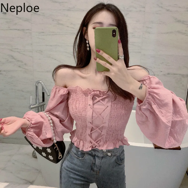 

Neploe Korean Sexy One Strapless Shoulder Chiffon Shirt Feminino Slim Waist Lace Lantern Sleeve Blusas Elegant Fall Blouse 45885