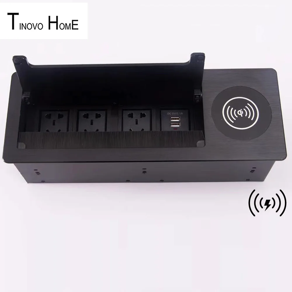 

Multi function desktop socket / wireless Qi charging table socket brush type multimedia information box aluminum alloy