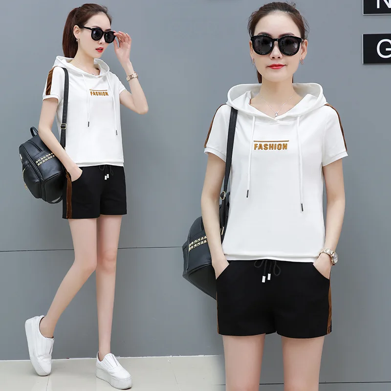 

2019 Summer Wear New Style Fashion Casual Elegant Hoodie Summer Running Sports Set WOMEN'S Short Sleeved Shorts Two-Piece Set