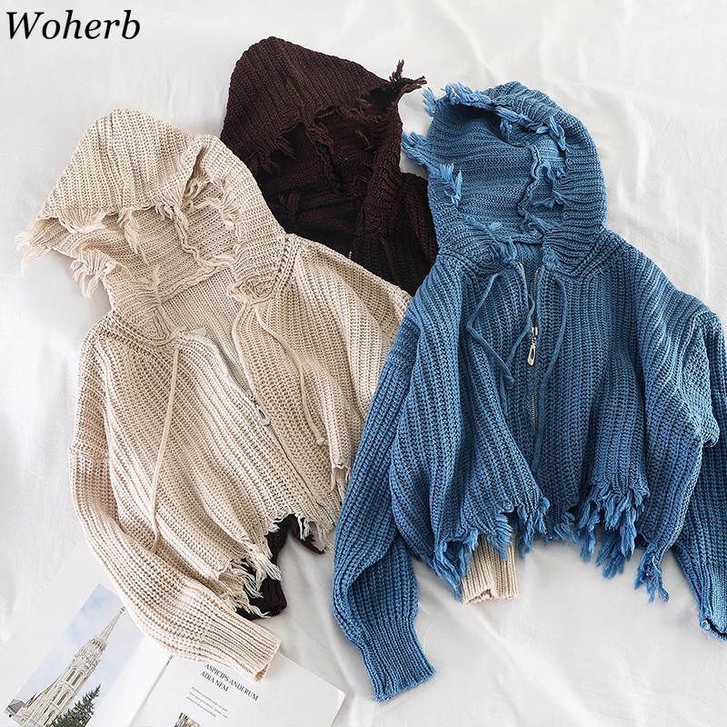 

Woherb 2019 Autumn Irregular Oversized Sweater Coat Women Zipper Cardigan Casual Crop Runway Sweaters Knit Hooded Tassel Jumper